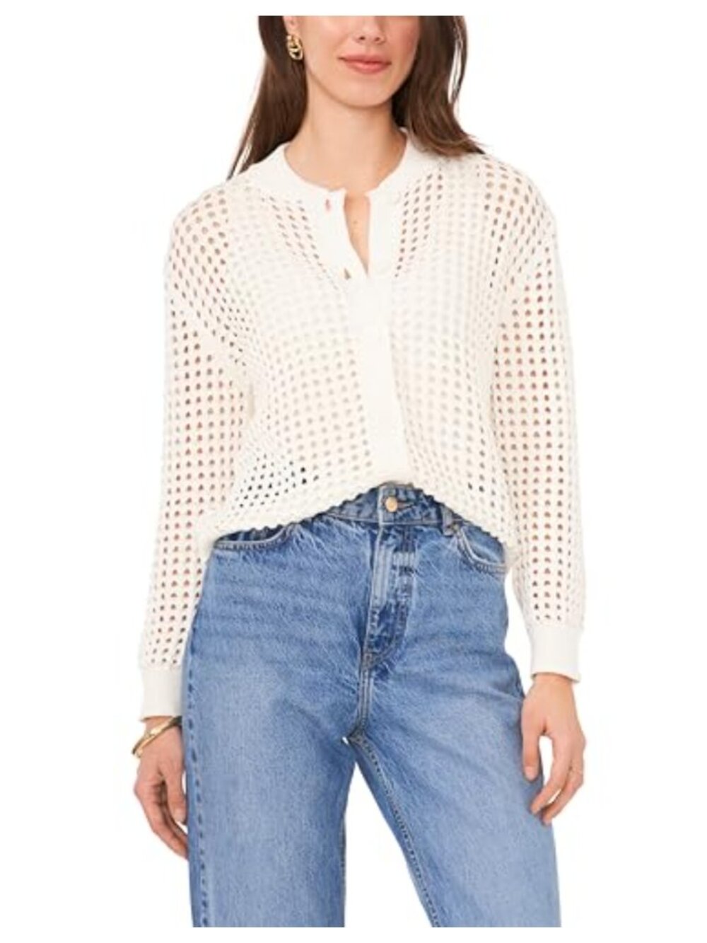 Crochet Cardigan Sweater Women Casual Knit Button Up Lightweight White Beach